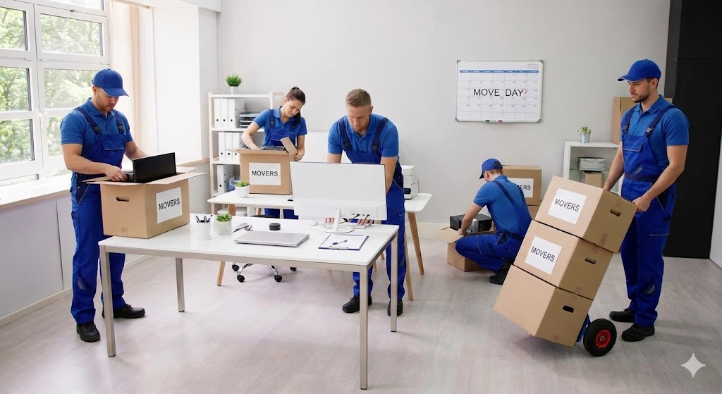 вантажники на офісному переїзді вантажники збирають речі працівників офісу