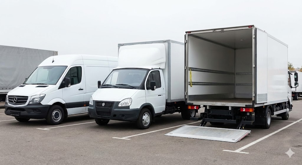 вантажівки стоять на парковці готові до виїзду на замовлення