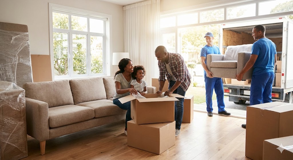 Квартирный переезд под ключ: упаковка и доставка мебели Семья распаковывает коробки в новой квартире, грузчики заносят диван