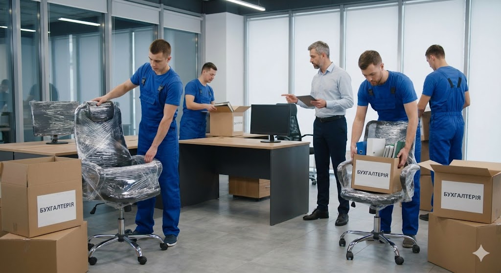 рганизация офисного переезда: упаковка документов и техники Грузчики в униформе упаковывают офисную мебель и коробки с документами бухгалтерии