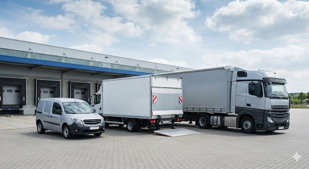 Собственный автопарк: от микроавтобуса до фуры Грузовые автомобили разной грузоподъемности на загрузке возле склада: бус, пятитонник с гидробортом и фура