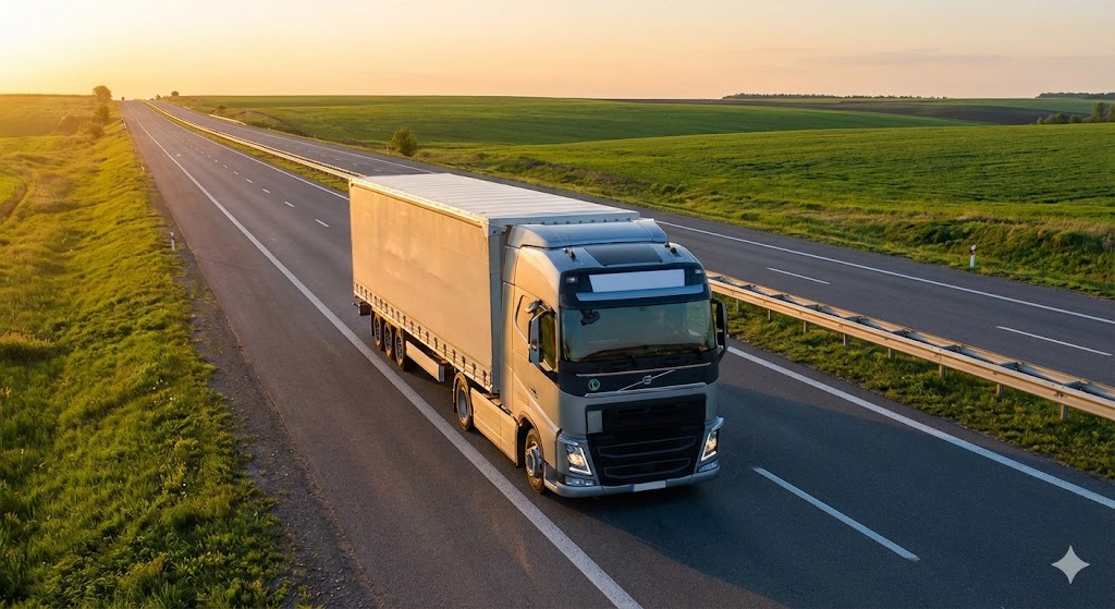 Грузоперевозки по Украине: доставка грузов фурами Междугородние грузоперевозки по Украине: магистральная фура доставляет попутный груз по трассе на закате