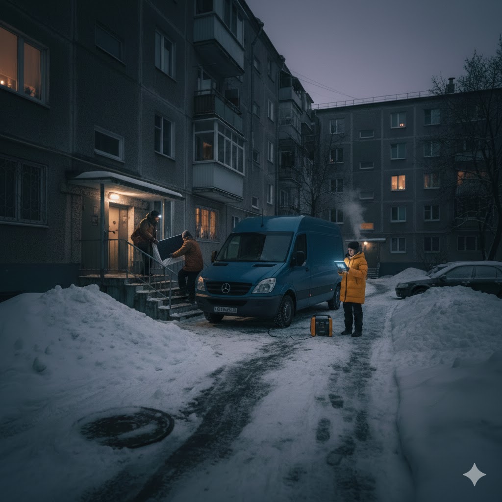 вантажники виносять речі з авто в засніженому дворі