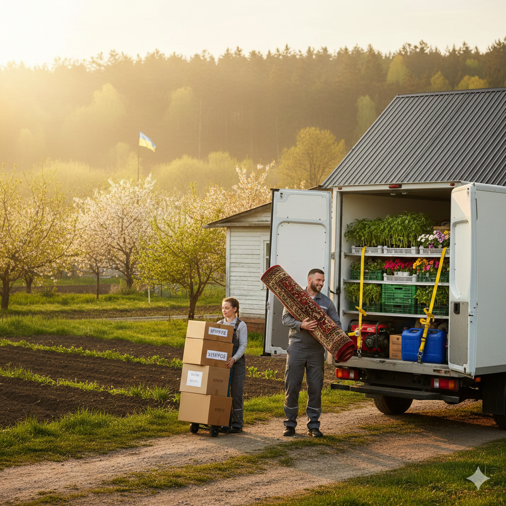 Процес дачного переїзду: вантажівка з розсадою, меблями та генератором на фоні заміського будинку в Києві